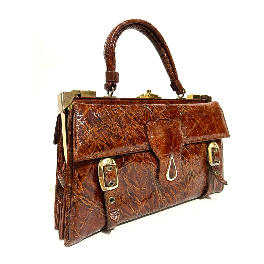 Vintage 70s Patent Croc Embossed Satchel Handbag Caramel Brown Gold Hardware